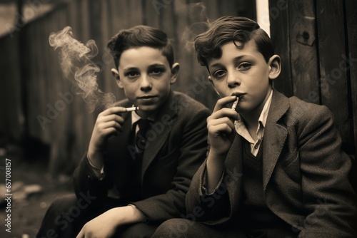 a black and white vintage close-up portrait of two young teen white boys elegantly dressed wearing jackets ties waistcoats 1920th fashion style smoking cigarettes