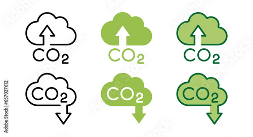 CO2 gas Reduction icon set in green and black color. Zero Carbon Emission concept designs. carbon reduction cloud Symbol. Greenhouse Gas Containment Logo