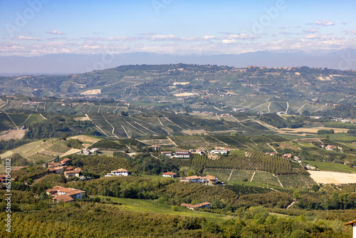 View of the Langhe-Roero hills and vineyards from Diano d'Alba in Piedmont. Italy