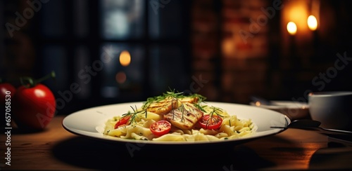 Fusilli pasta with chicken, tomatoes and herbs on a wooden table