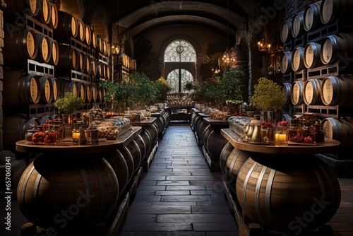 Rustic wine cellar filled with aging oak barrels, Generative AI