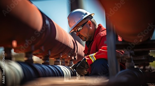 Male worker at gas faucet with pipeline system at gas station