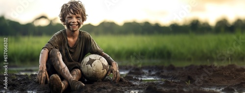 A boy with a soccer ball in a white jersey covered in mud, sits and smiles on the green grass. Copy space.