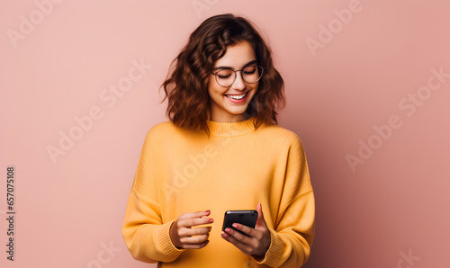 jeune femme heureuse qui regarde son smartphone - fond uni