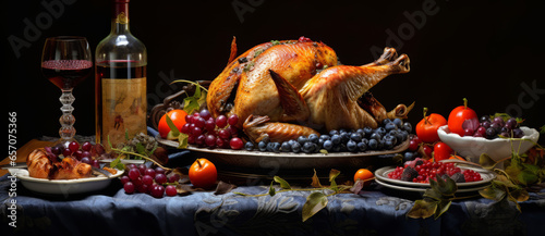 Christmas, thanksgiving dinner with whole roasted turkey or chicken on rustic wooden table.