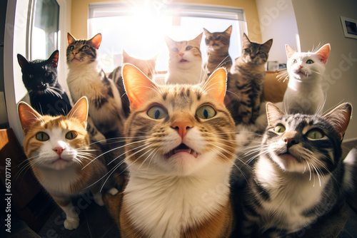 Group of funny cats viewed through a door peephole. Cat gang demanding to be let inside. Cats caught on camera.