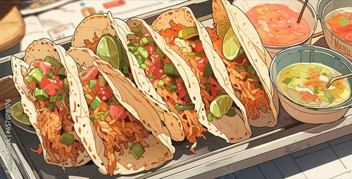 Aesthetic Taco Feast: Anime-style Illustration of Flavorful Delights, Generative AI