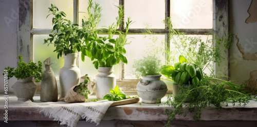 Different types of aromatic potted herbs on windowsill indoors