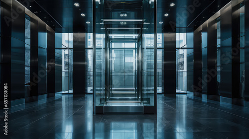 Empty glass modern elevator in a mall, nobody. Minimal interior of shopping or business center. Futuristic stylish room. 