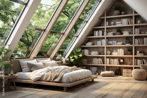 3D rendering of a cozy attic bedroom with sloped ceilings PNG Cutout, Generative AI
