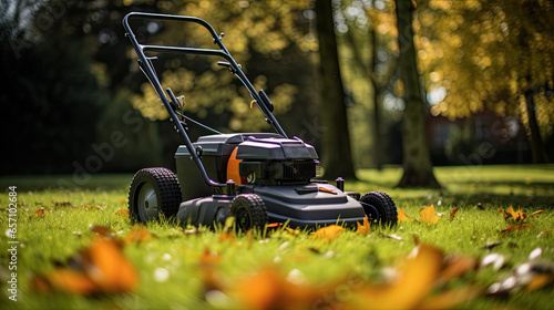 a lawn mower in the garden on the green lawn