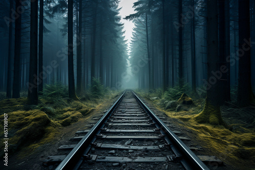 Railway to nowhere. Straight rails in forest landscape, disappearing into the horizon. Mysterious and moody nature. AI generative photography.