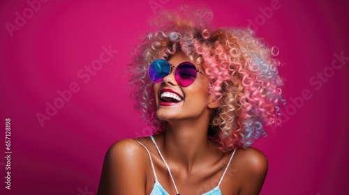 Beauty African American girl with afro blond hair laughing, happy and funny woman laughing wearing colorful fashion glasses, Generative AI