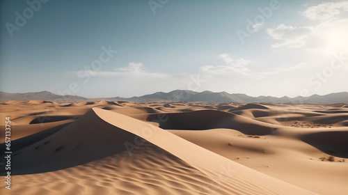 A desert with sand dunes and mountains in the background