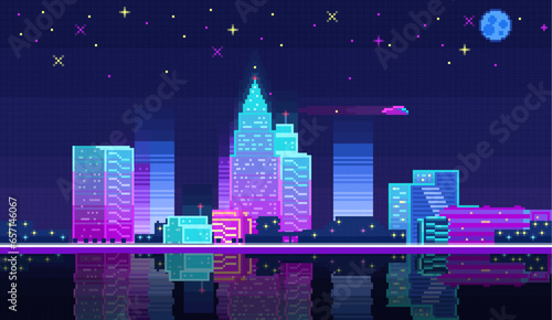 Night city landscape neon pixel background with hight buildings silhouette and stars in dark sky. Pixelated evening cityscape neon for video game design pixel nighttime with modern skyscrapers