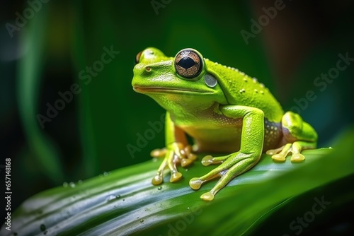 Close-up of a green tree frog in its natural environment.