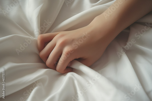 Close-Up einer weiblichen Hand, die sich sinnlich in ein Bettlaken krallt, erstellt mit generativer KI