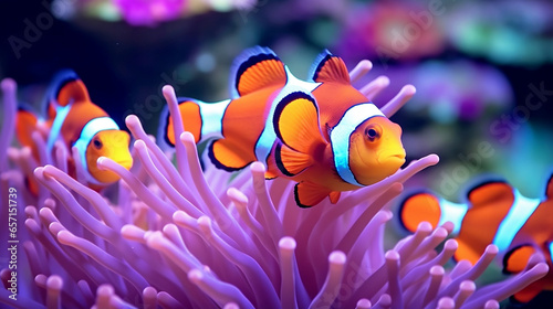 The fish swims in an ocean aquarium surrounded by colorful corals. Generative AI
