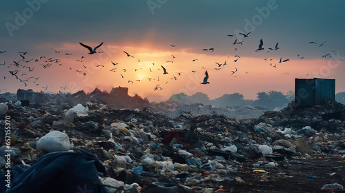 Birds fly over a city garbage dump.