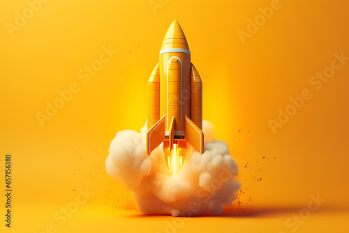 Toy yellow space shuttle or rocket on yellow background. Minimalism, conceptual pop, fresh idea or startup 