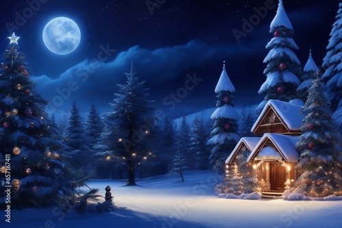 Christmas tree and house in the snow at night, Christmas night wallpaper house in the jungle.Forest winter fairy tale. Dark night forest, snowdrifts Waiting for a Christmas miracle | AI-GENERATED