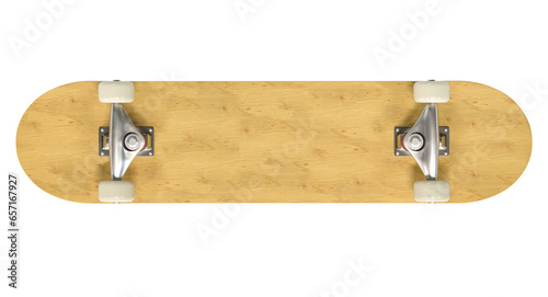 wooden skateboard seen from below isolated on white.