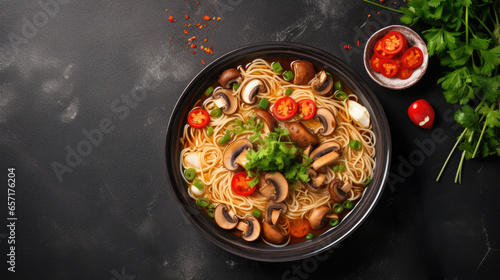 Traditional Chinese soup with noodles, mushrooms and vegetables, top view, copy space,