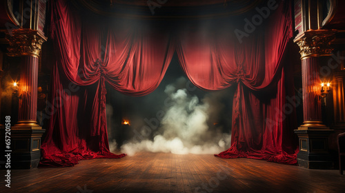 Theatre Stage with Red Velvet Curtains On Fire. Generative AI.