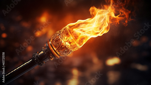 A torch skillfully crafted from metal with fine decorative details is lit with fire.