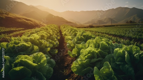 Lettuce field in the morning with sun rays and mountains in the background
