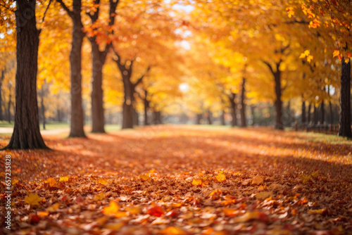 Elegant autumn composition featuring vibrant orange and golden leaves, highlighted by a soft bokeh effect against a blurred, sunlit park backdrop.