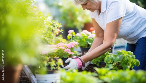 Senior woman working in her garden on a sunny day, planting flowers
