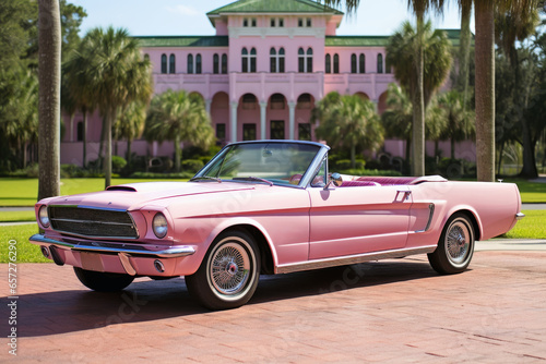 Pink convertible from the 70s in an avenue of palm trees.