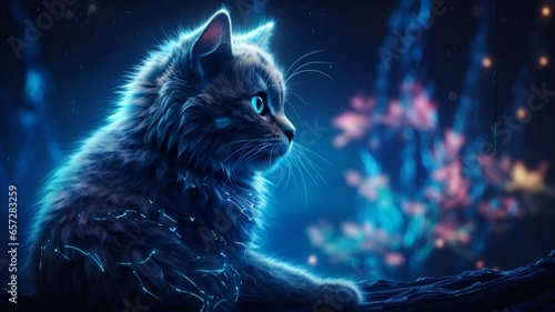 Bioluminescent cat high resolution neon illustration photo