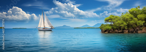 Boat in turquoise ocean sea against blue sky with white clouds and tropical island. Natural tropical landscape for summer vacation, panoramic view.