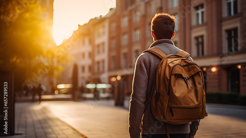 Back to school, Back of college student with backpack while going to university by walking from street, teenager in campus, education background. ai generative