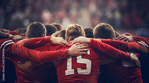 Teenage boy high school football team connecting hands in huddle. ai generative