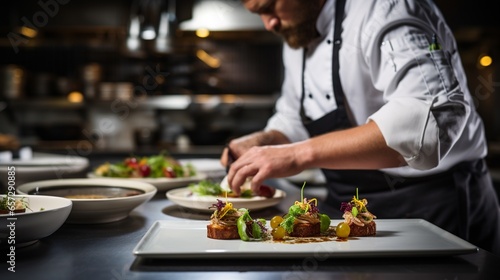 gourmet dish being prepared in a high-end restaurant kitchen