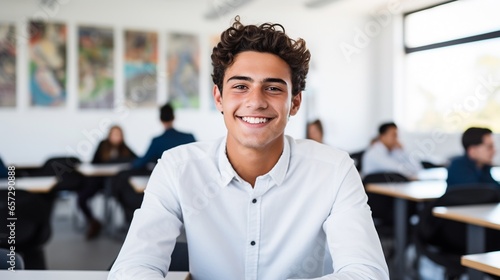 Latino male college student sitting a classroom smiling, student study in class, with copy space.