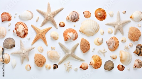  a group of sea shells on a white background with a starfish. generative ai