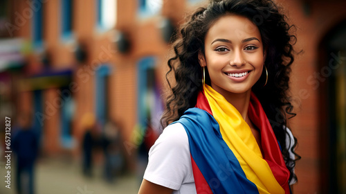 A smiling girl from Colombia wearing clothes in the colors of the national flag against the backdrop of a city street.