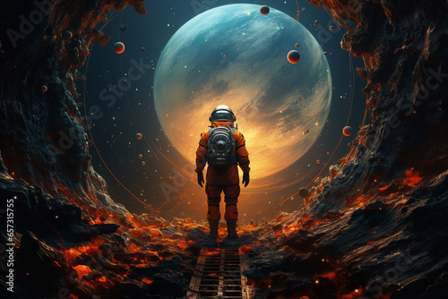 An astronaut standing on the edge of a gravitational anomaly, where space appears to curve and stretch, creating a visually striking depiction of space-time warping Generative AI