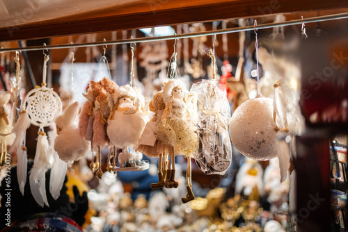 annual Christmas market in Wroclaw, hanging decorations on the market stall (selective focus)