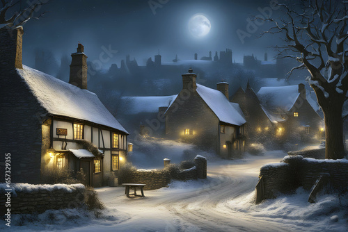 traditional old-fashioned english pub in a snow covered winter village at night with a glowing full moon
