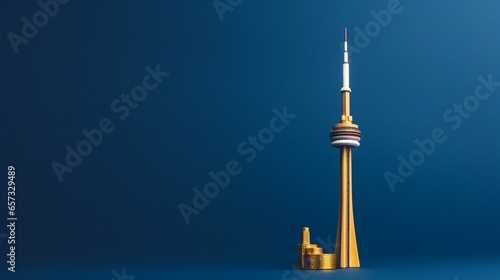 a miniature CN Tower infront of isolated Navy blue and gold contrast on left side with copy space.
