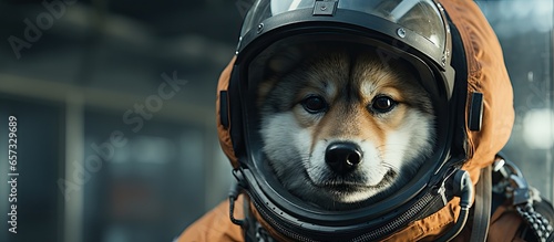 Humorous image of an Akita inu dog in pilot attire at the airport With copyspace for text