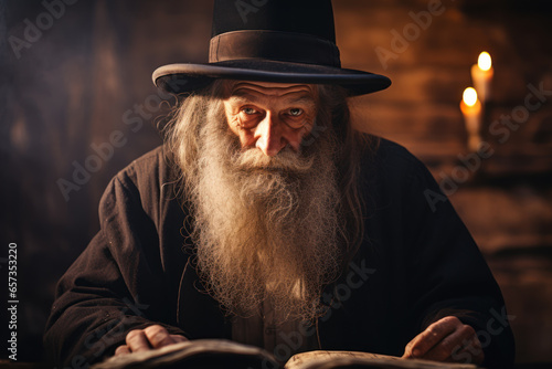 Portrait of Jewish Orthodox man, old Jew in black reading holy book
