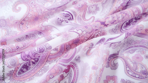 Texture of a light and airy cotton voile fabric, featuring a delicate paisley print in shades of pink and lavender. The fabric has a semi quality and is perfect for creating flowing and