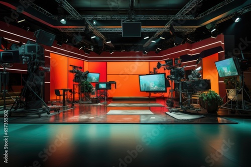 Studio interior for news broadcasting, vector empty placement with anchorman table on pedestal, digital screens for video presentation and neon glowing illumination. Realistic breaking news studio