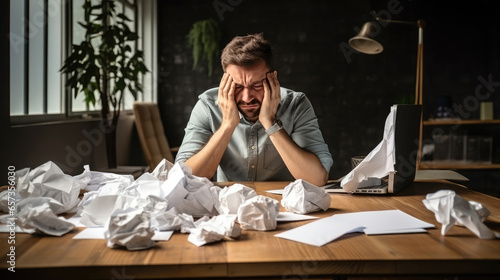 Generative AI, upset sad anxious man sitting at a desk littered with crumpled sheets of paper, deadline, stress, creative pangs, tax reporting, businessman, loan, disappointment, depression, office